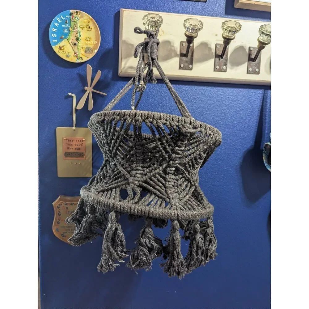 Vintage Boho Macramé Hanging Lamp Shade – Gray Woven Cord, Tassels, 12” – Retro